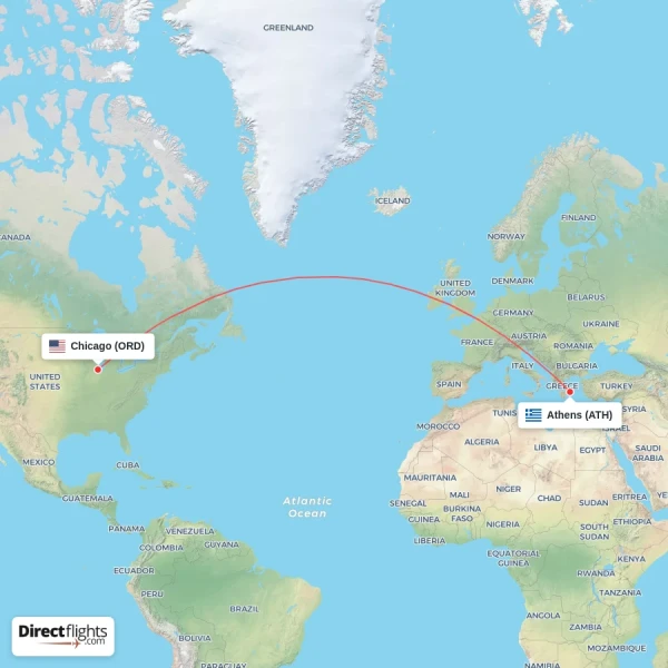Chicago - Athens direct flight map