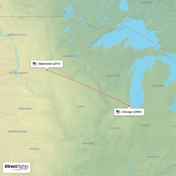 Chicago - Watertown direct flight map