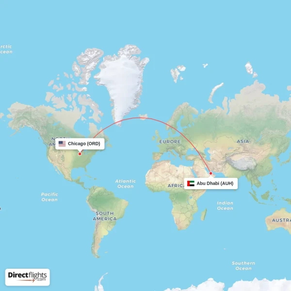Chicago - Abu Dhabi direct flight map