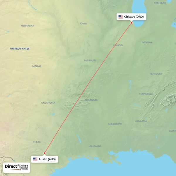 Chicago - Austin direct flight map