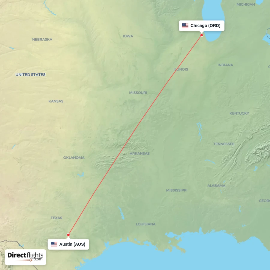 ORD - AUS route map
