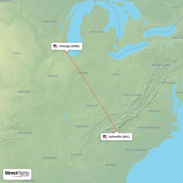Chicago - Asheville direct flight map