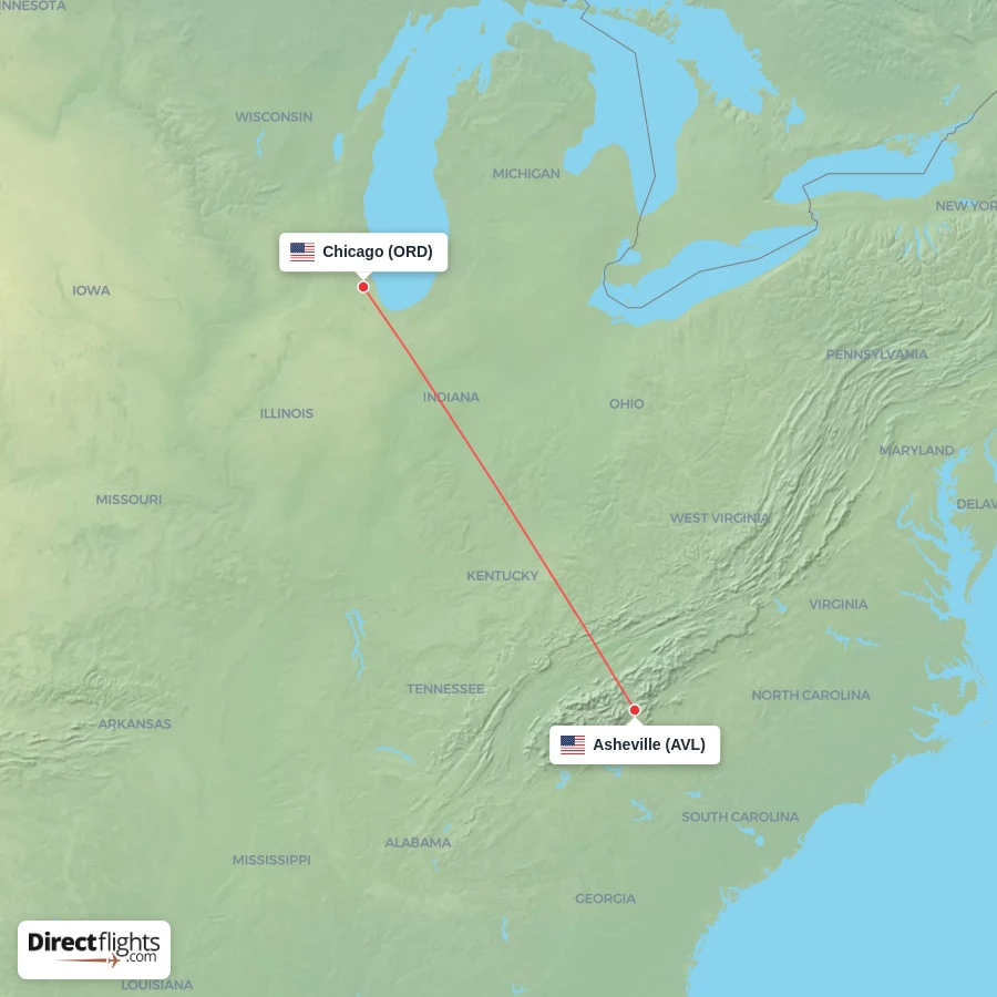ORD - AVL route map