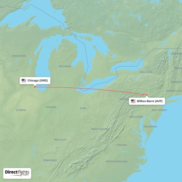 Chicago - Wilkes-Barre direct flight map