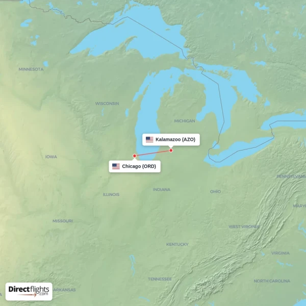 Chicago - Kalamazoo direct flight map