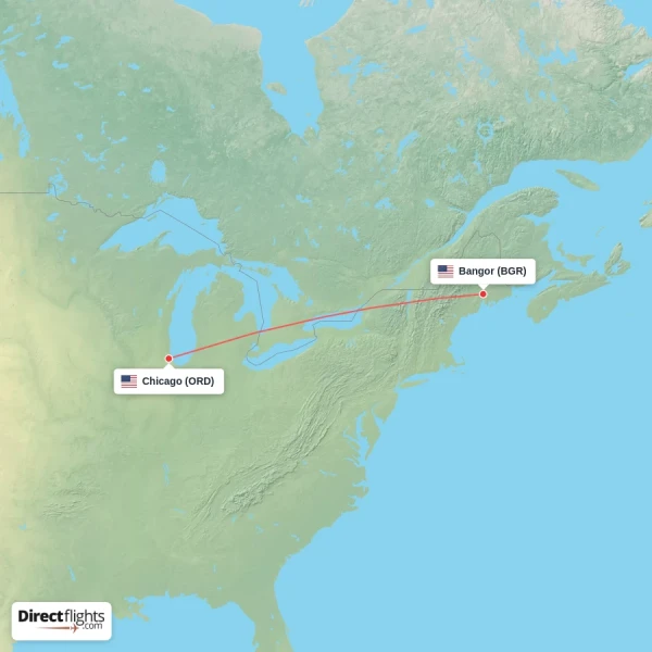 Chicago - Bangor direct flight map