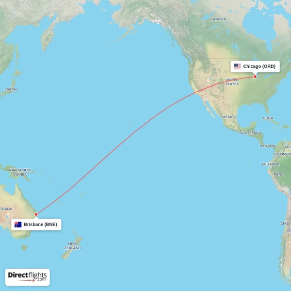 Chicago - Brisbane direct flight map