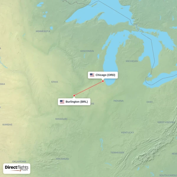 Chicago - Burlington direct flight map