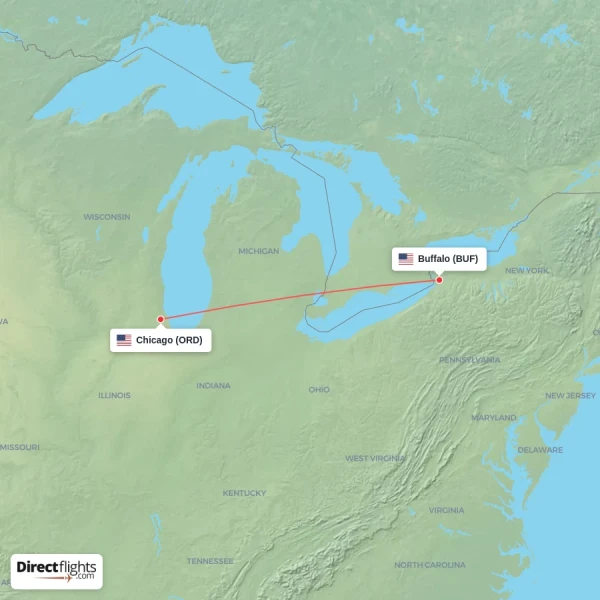Chicago - Buffalo direct flight map