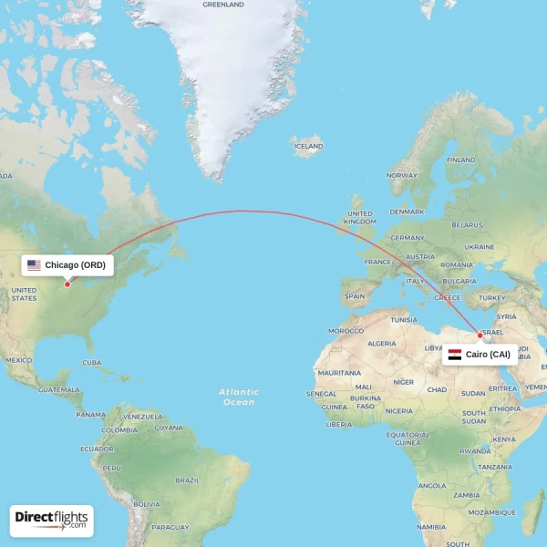 Chicago - Cairo direct flight map