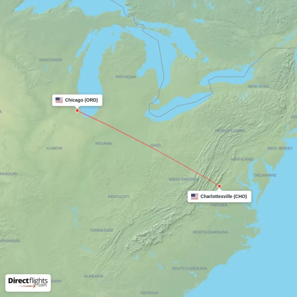Chicago - Charlottesville direct flight map