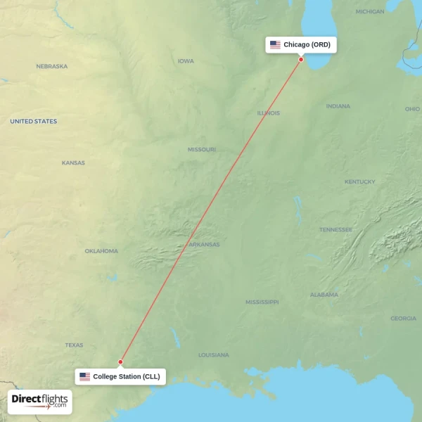 Chicago - College Station direct flight map