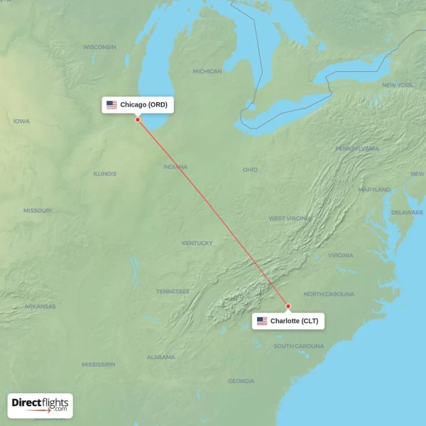 Chicago - Charlotte direct flight map