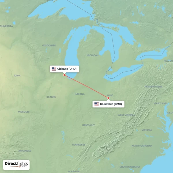 Chicago - Columbus direct flight map