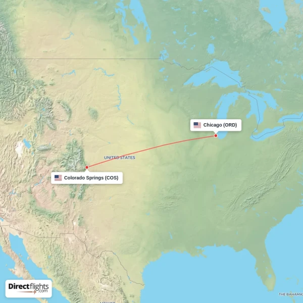 Chicago - Colorado Springs direct flight map