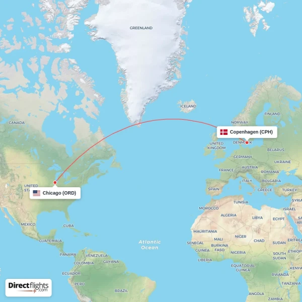Chicago - Copenhagen direct flight map