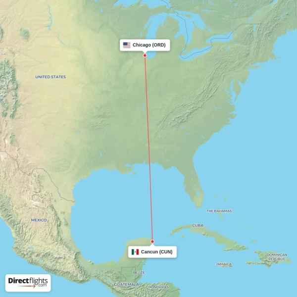 Chicago - Cancun direct flight map