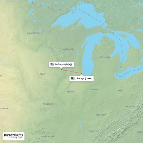 Chicago - Dubuque direct flight map