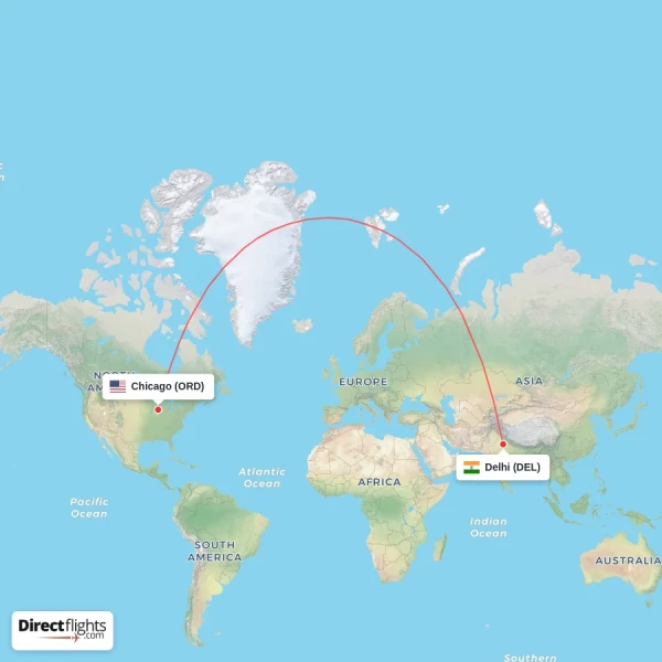 Chicago - Delhi direct flight map