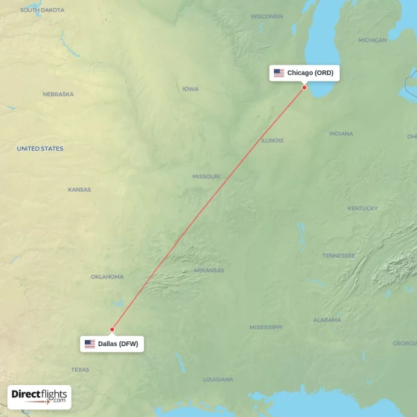 Chicago - Dallas direct flight map