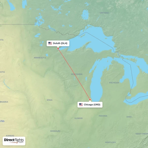 Chicago - Duluth direct flight map