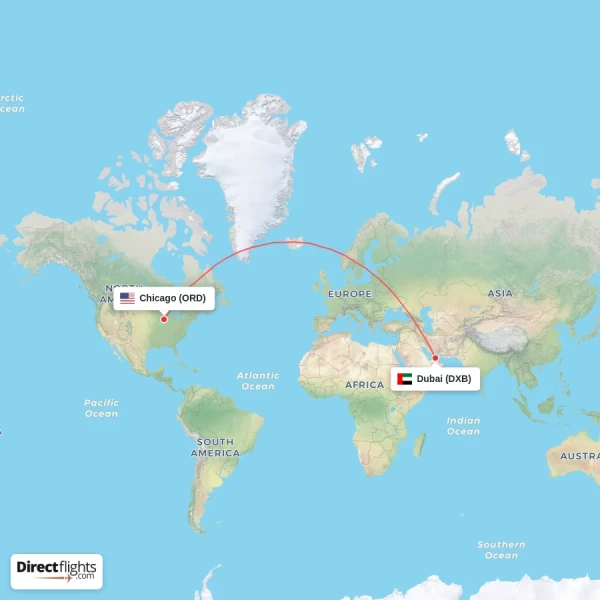 Chicago - Dubai direct flight map