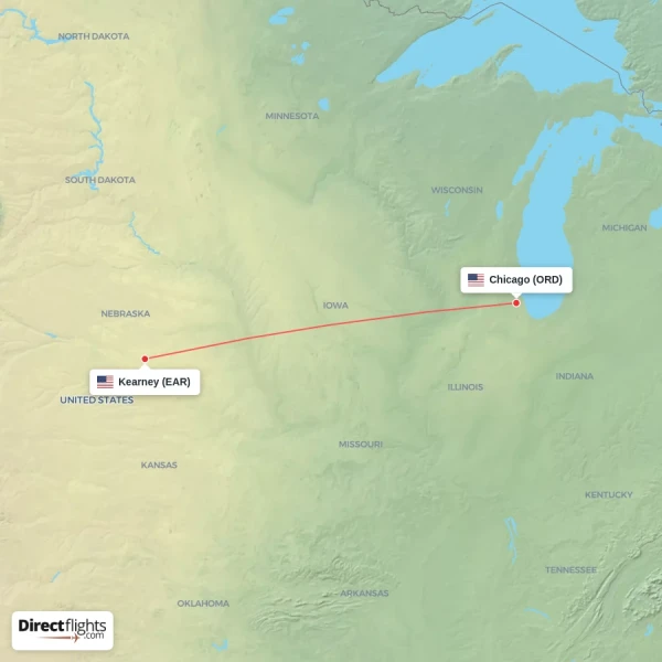 Chicago - Kearney direct flight map