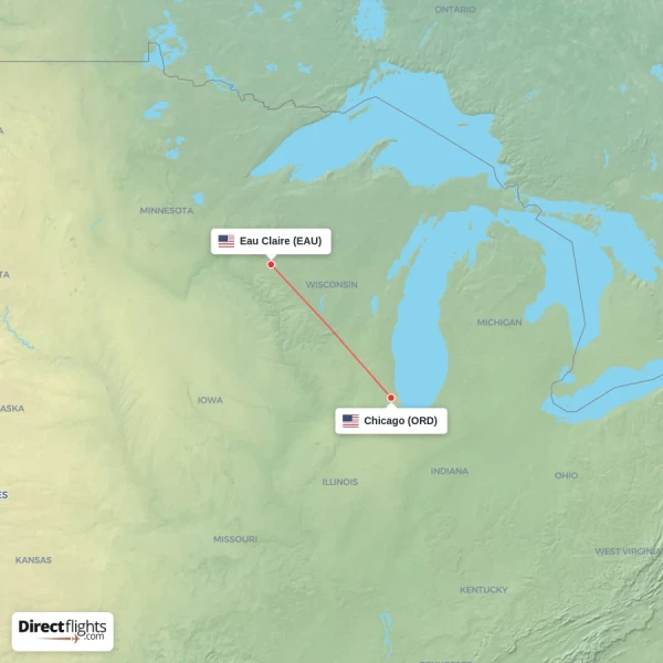 Chicago - Eau Claire direct flight map