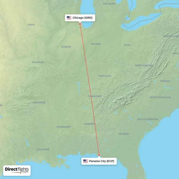 Chicago - Panama City direct flight map