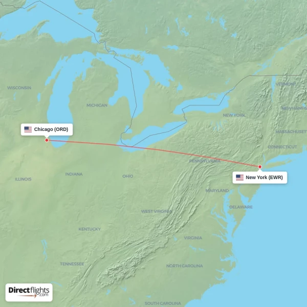 Chicago - New York direct flight map