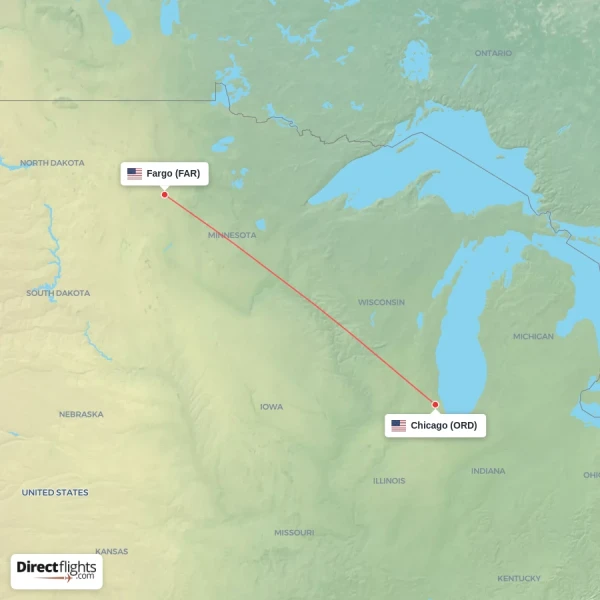 Chicago - Fargo direct flight map