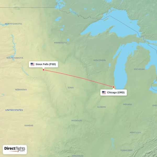 Chicago - Sioux Falls direct flight map
