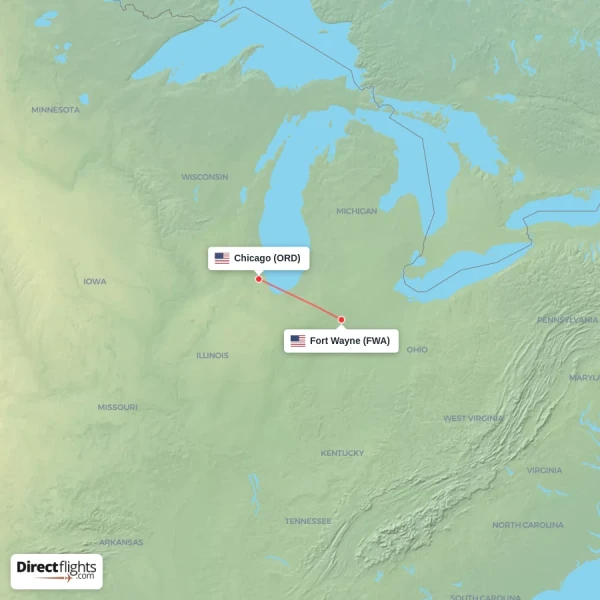 Chicago - Fort Wayne direct flight map