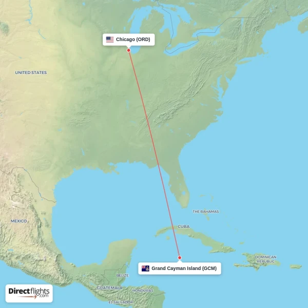 Chicago - Grand Cayman Island direct flight map