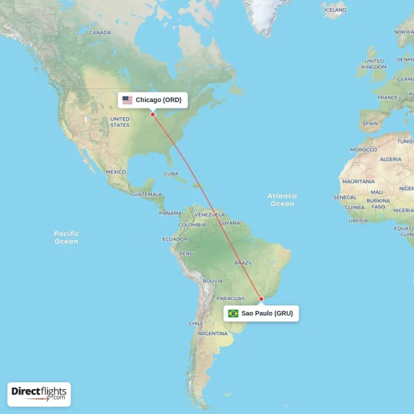 Chicago - Sao Paulo direct flight map