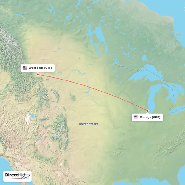 Chicago - Great Falls direct flight map
