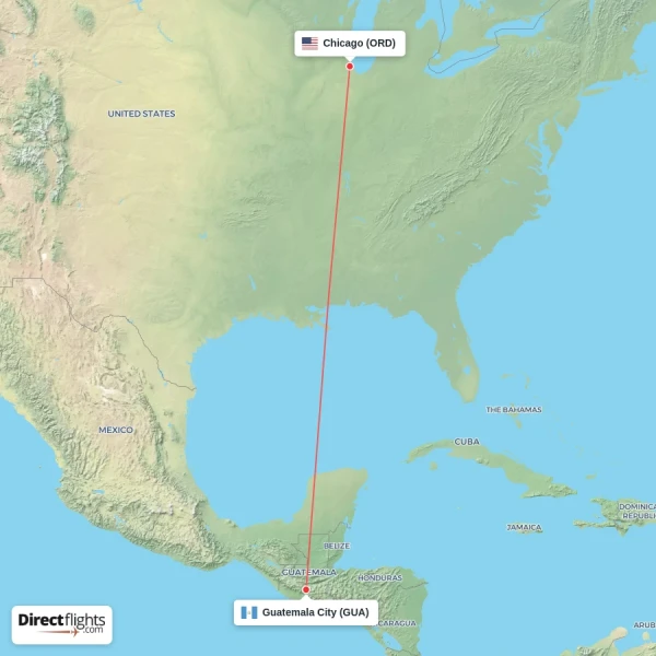 Chicago - Guatemala City direct flight map