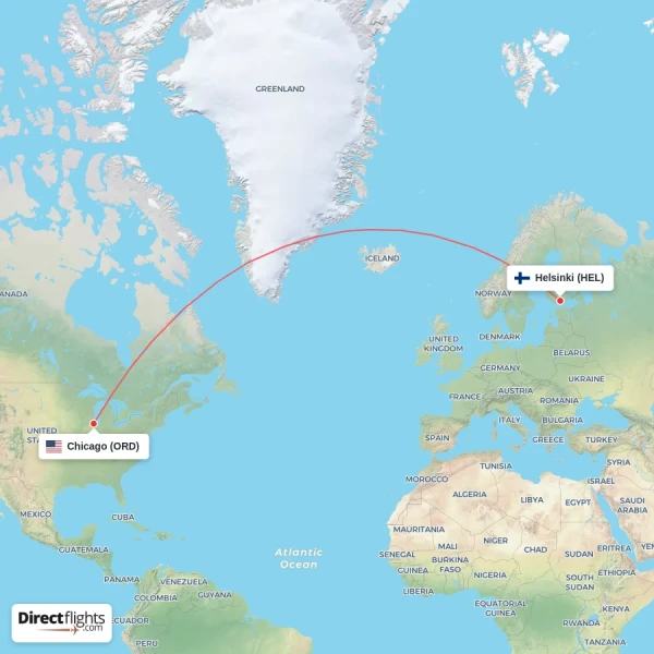 Chicago - Helsinki direct flight map