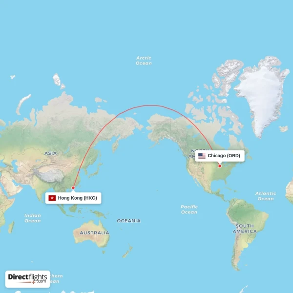 Chicago - Hong Kong direct flight map