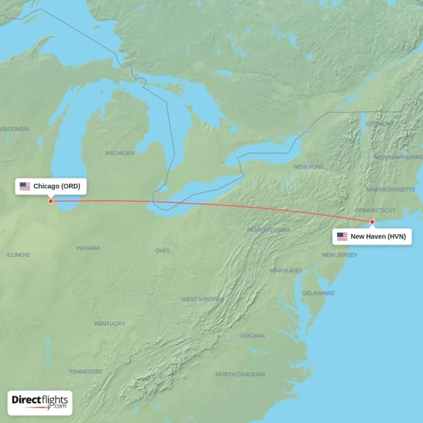 Chicago - New Haven direct flight map