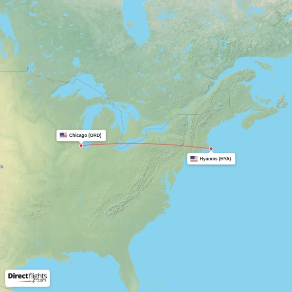 Chicago - Hyannis direct flight map