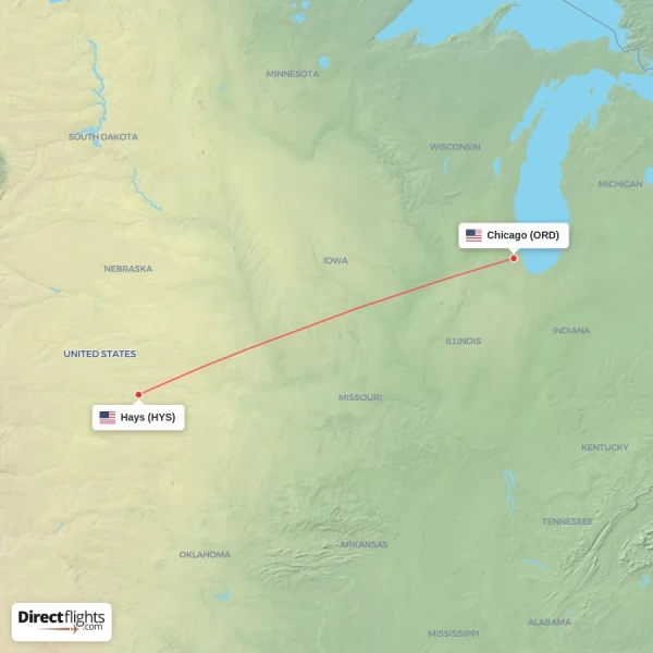 Chicago - Hays direct flight map