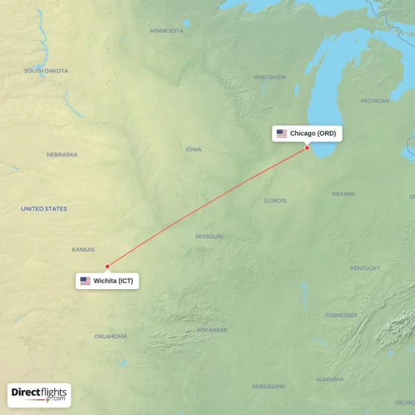 Chicago - Wichita direct flight map