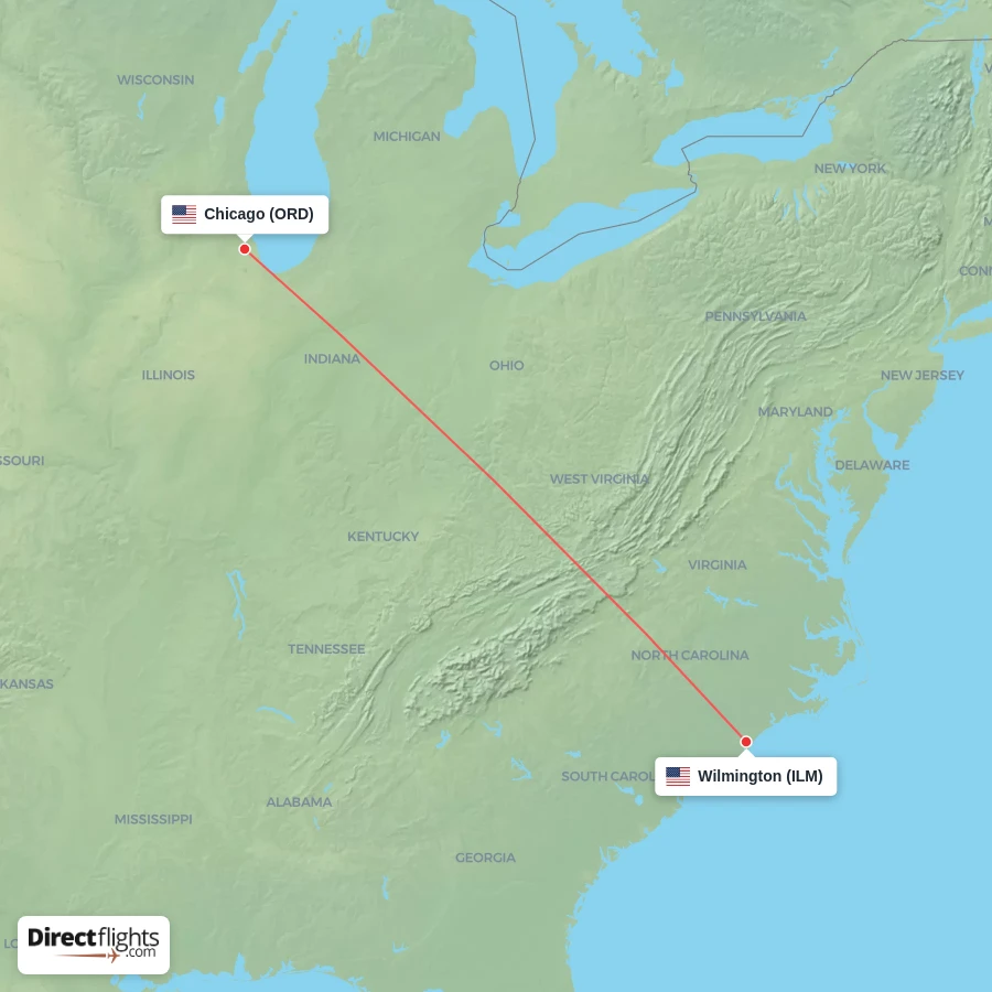 ORD - ILM route map