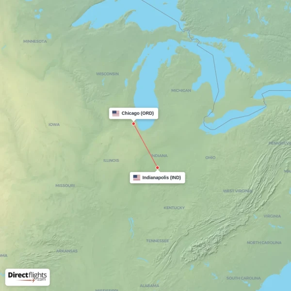 Chicago - Indianapolis direct flight map