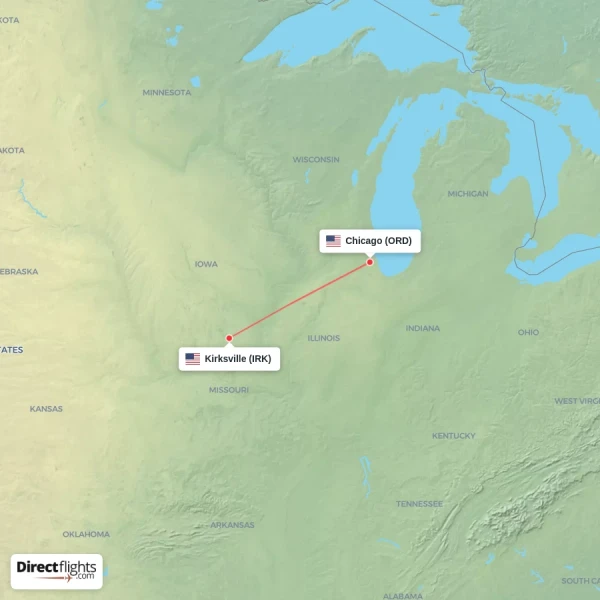 Chicago - Kirksville direct flight map