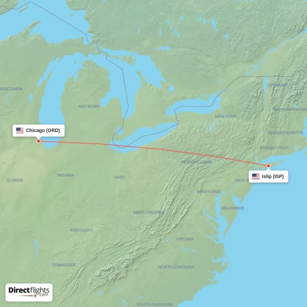 Chicago - Islip direct flight map