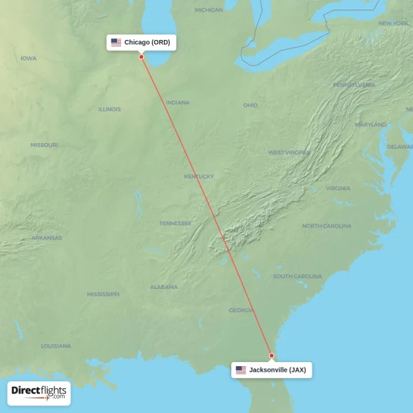Chicago - Jacksonville direct flight map