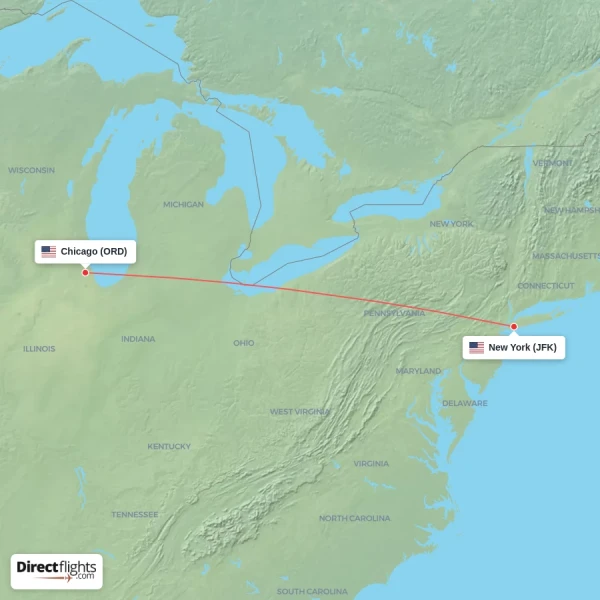 Chicago - New York direct flight map