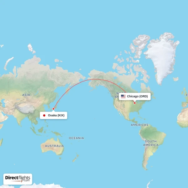 Chicago - Osaka direct flight map